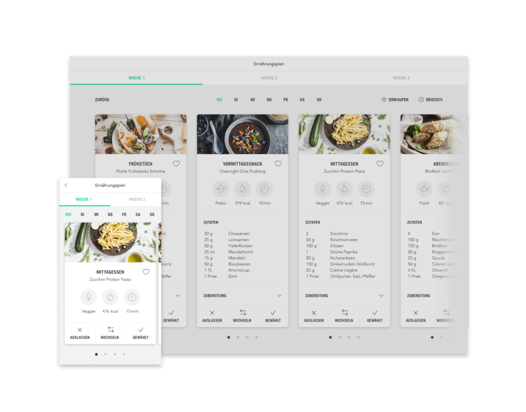FIT FOR FUN Ernährungsplan Plan mit Mahlzeiten (Desktop responsive Ansicht Beispiel Tag)